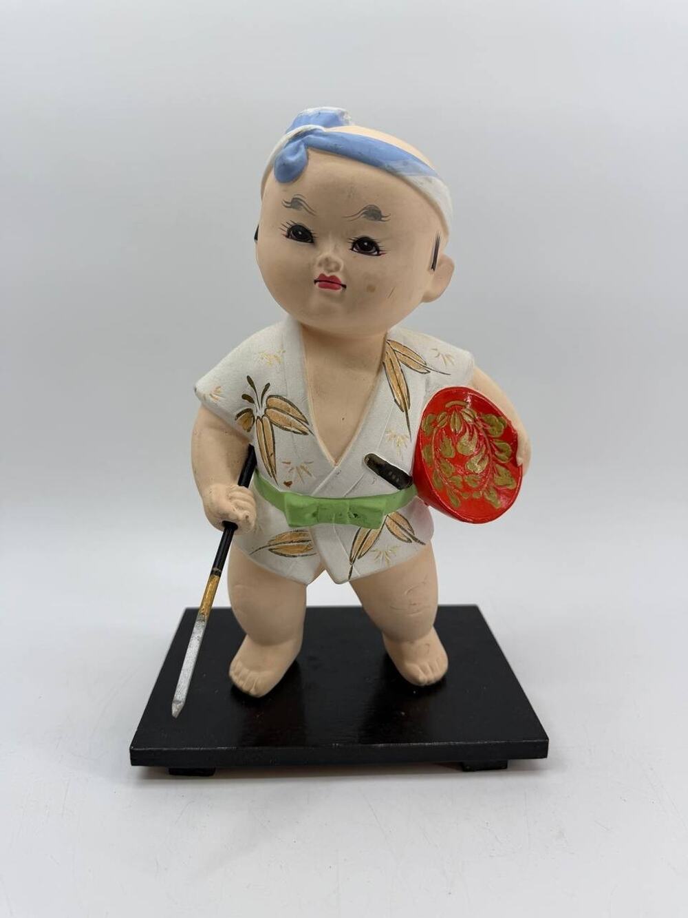 Vintage Japanese Boy Samurai Figurine Sword Shield Statue on Wood Base Hand Pain
